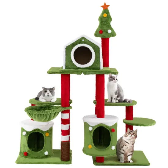Multi-Color Engineered Wood Christmas-Themed Tall Cat Tree with Condos and Groomer {4}