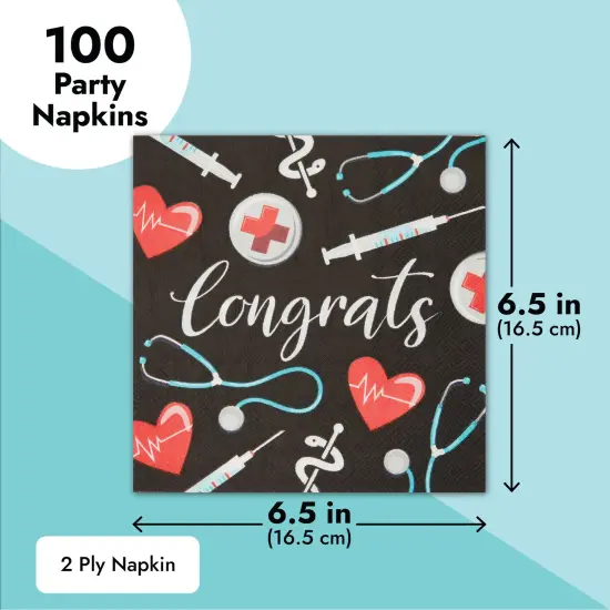 Nurse Graduation Napkins, Congrats Party Decorations (6.5 In, 100 Pack) Black {3}