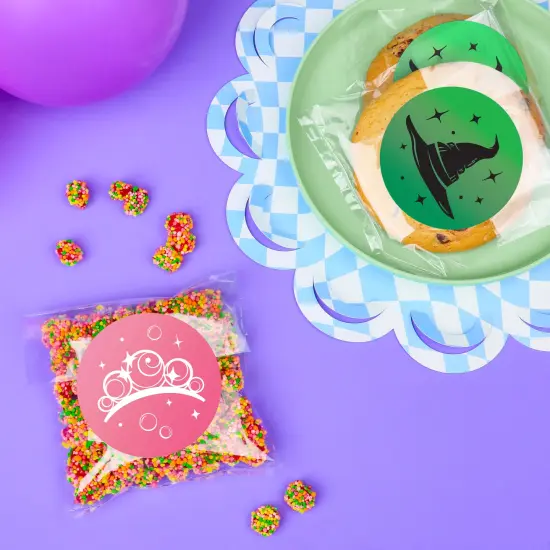 Big Dot of Happiness Pink & Green Witch Stickers and Clear Cookie Bags, Cellophane Treat Bags 4.25x7 Inches, Birthday or Halloween Favor Gifts - 25 Ct {6}