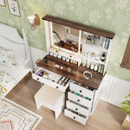 White and Dark Brown Makeup Vanity Table with 3-Color LED Mirror Storage Drawers and Stool {6}