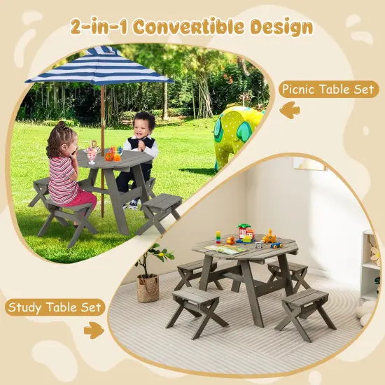 2-in-1 Convertible Kids Wooden Table Set with Umbrella Hole Perfect Gift for Your Kids Gray {5}