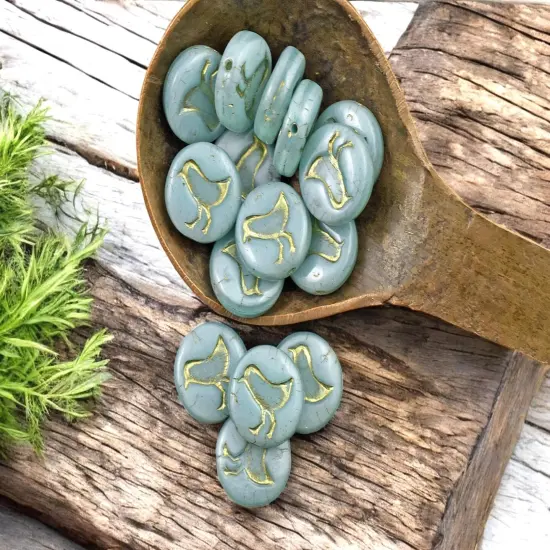 *15* 12mm Gold Washed Sky Blue Silk Bird Coin Beads {3}