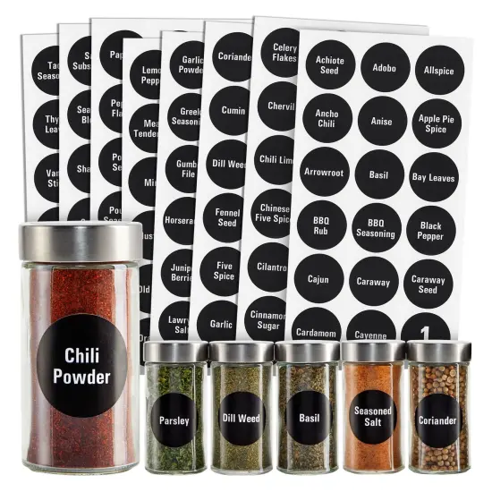 Talented Kitchen 144 Round Spice Label Stickers - Preprinted Chalkboard Seasoning Labels for Spice Jar Lids and Herbs Containers (White Print on Black Backing, 1.5 In) {1}