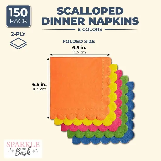 150 Pack Rainbow Colored Scalloped Napkins for Fall, Fiesta, Birthday Parties (6.5 x 6.5 In, 5 Colors) Multicolor {3}