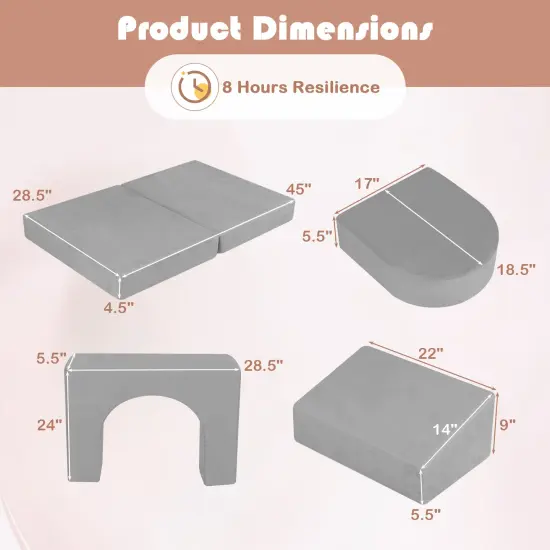 Suede 8-Piece Kids Climbing Blocks Set with Cushions, Arches and Modular Design Gray {4}