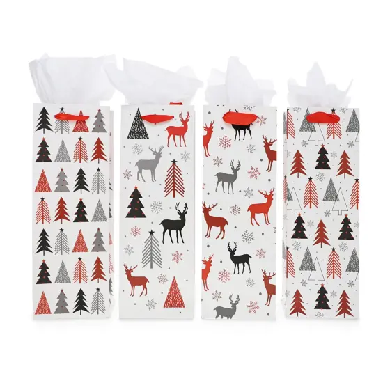 Bright Creations 12 Pack Christmas Wine Gift Bags with Tissue Paper Wrapping, 4 Reindeer Xmas Tree Designs for Home Party Holiday Supplies, Fun and Festive Christmas Packaging (5 x 13.6 x 4 in) Multicolor {3}