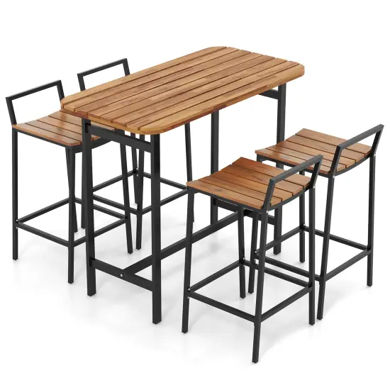 5 Piece Acacia Wood Patio Bistro Set Including Bar Height Table and 4 Chairs with Metal Frame {1}
