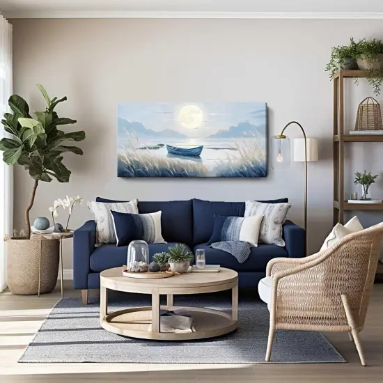 Large Wall Art for Living Room Bedroom Decor - Modern Nautical Beachy Ocean Beach Seascape Nature Artwork with Blue Boat Moon Lake Mountain Sea - Relaxing Serene Canvas Picture for Coastal Rustic Home {3}
