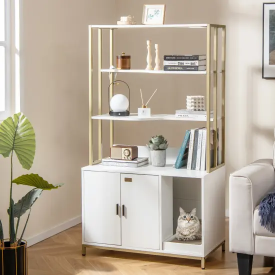 MDF Metal Cat Cabinet with Scratcher, Cat Litter Box Enclosure , Storage and Side Entry White {3}