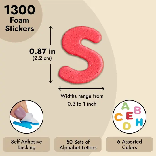 1300 Pieces Small Foam Letter Stickers for Crafts, 50 Sets of Adhesive A-Z Alphabets for Kids (6 Colors) Multicolor {4}