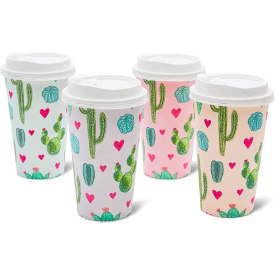48 Pack Disposable 16oz Coffee Cups with Lids - Cactus Party Supplies - Paper To Go Cup for Themed Birthday Parties, Weddings, Baby Showers Multicolor {5}