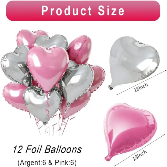 Pink Silver Heart Foil Balloons(12 pcs),18 Inch Love Valentine Balloon Silver Heart Romantic Balloon for Valentines Propose Marriage Wedding Bridal Shower Engagement Party Decorations {2}