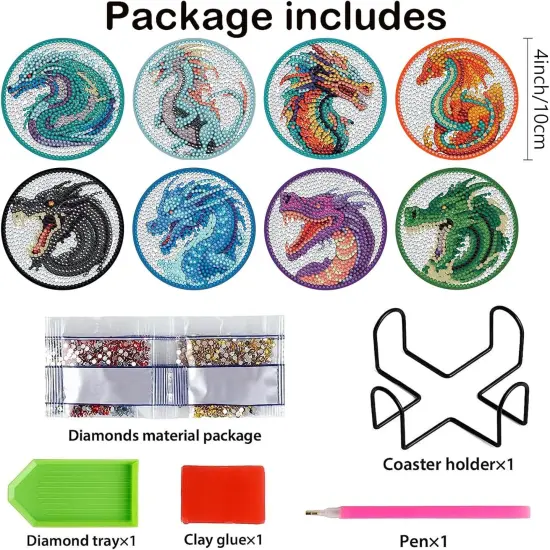 8 Pieces Dragon Diamond Coasters Kits with Holder DIY 3D Dragon Diamond Art Coaster Non Slip Coaster for Adults Diamond Kits Supplies for Christmas Gift {2}
