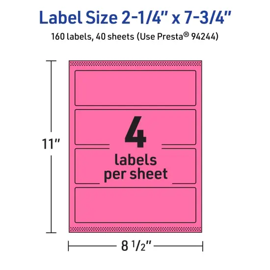 Avery Bright Pink Paper Labels, 2.25" x 7.75" Rectangle {5}