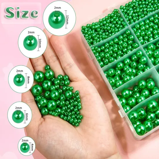 Green Pearl Beads for Jewelry Making, 1750pcs Grassy Green Pearl Craft Bead with Hole 4mm 6mm 8mm 10mm 12mm Loose Spacer Bead for Necklace Bracelet Earrings Ring Choker Wedding Dress Decor {2}