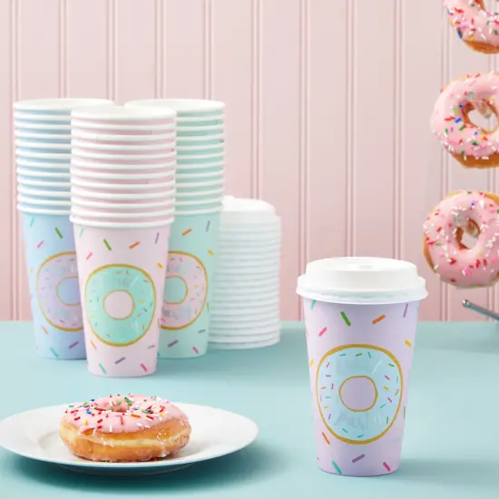 48 Pack Disposable 16oz Coffee Cups with Lids - Donut Party Supplies - Paper To Go Cup for Themed Birthday Party, Wedding, Baby Shower Multicolor {3}