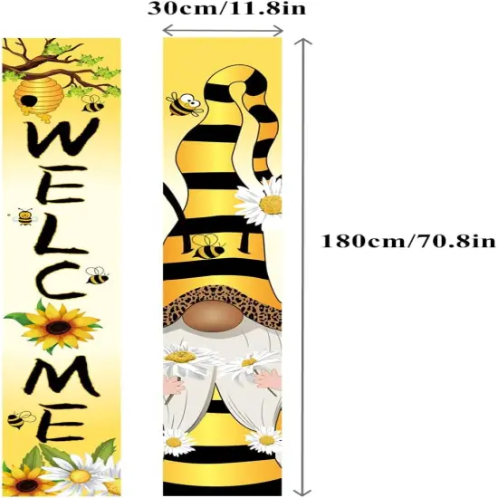 Welcome Honey Bee Happy Porch Banner with 12 x 71 inch, Vertical Sunflower Gnome Hanging Banner Front Door Sign for Seasonal Summer Farmhouse Home Outdoor Yard Decorations {4}
