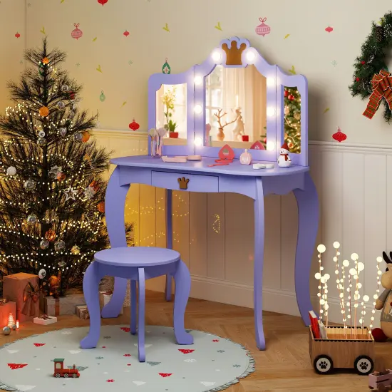 MDF and Acrylic Kids Vanity Set with Tri-Fold Mirror, LED Lights and Storage Purple {2}
