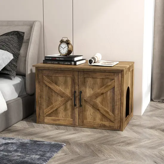 Oak Wooden Flip Top Hidden Cat Washroom Furniture with Removable Divider and Flip Top Opening {3}