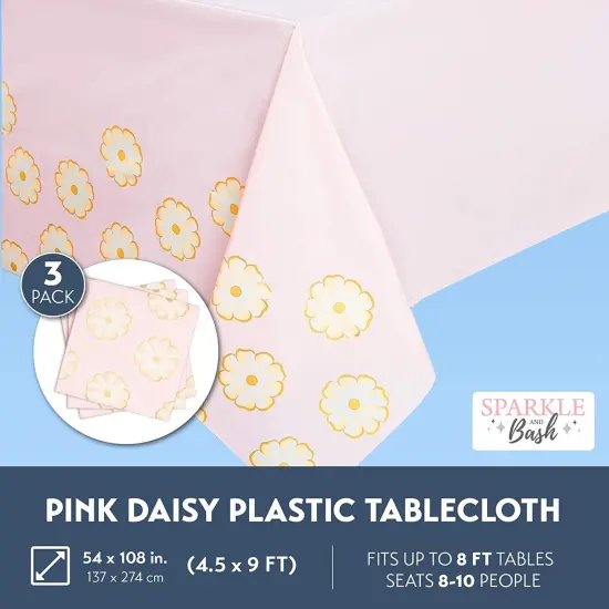 Pink Daisy Plastic Tablecloth for Weddings, Baby Showers (54 x 108 in, 3 Pack) {2}