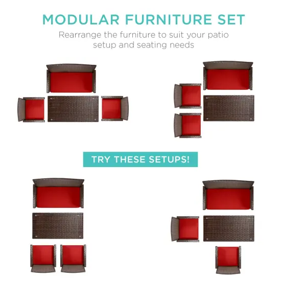 Best Choice Products 4-Piece Outdoor Wicker Patio Conversation Furniture Set w/ Table, Cushions Brown/Red {2}