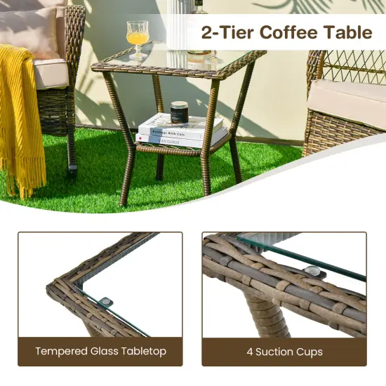 3 Pieces Outdoor Conversation Set Including 2-Tier Glass Coffee Table with Metal Frame {5}