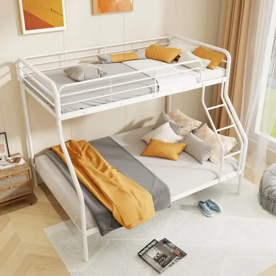 Twin Over Full Metal Bunk Bed with Guardrails, Ladder, Storage Space and Sturdy Construction White {3}