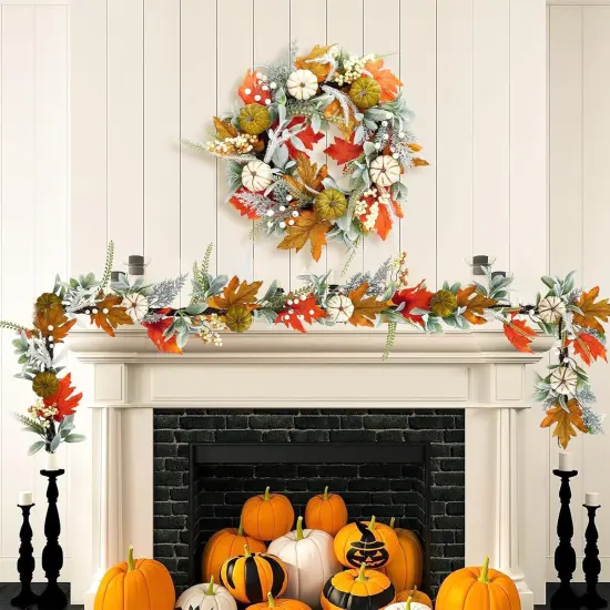 6 Ft Fall Garland, Autumn Pumpkin Garland with Maple Leaves Berries {2}