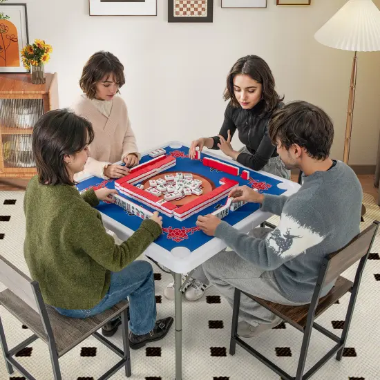 Portable Folding Mahjong Table with Cup Holders and Game Mat Blue {2}