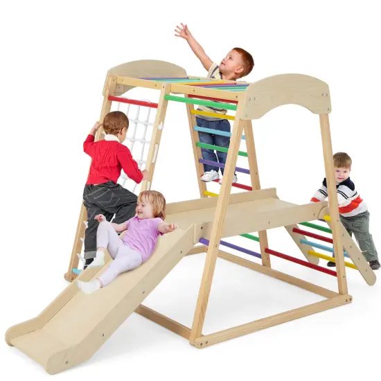 Pine and Beech Wood 6-in-1 Indoor Jungle Gym with Slide, Monkey Bars and Climbing Ladders Multicolor {4}
