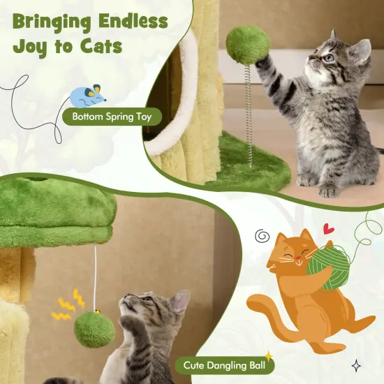 Green MDF Cat Tree with Plush Perch, Condo, Scratching Post and Toys with Dangling Ball {6}