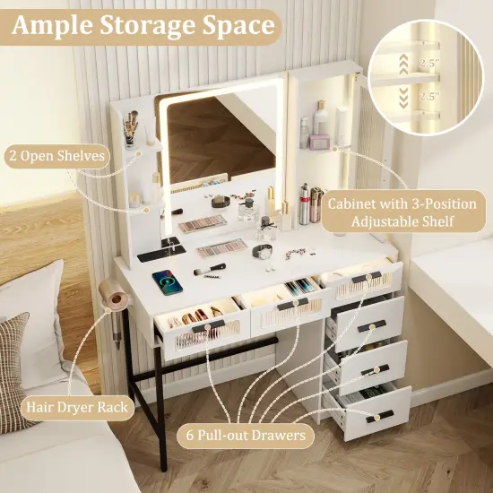 White Vanity Set with LED Sliding Mirror, Charging, & Large Storage {6}