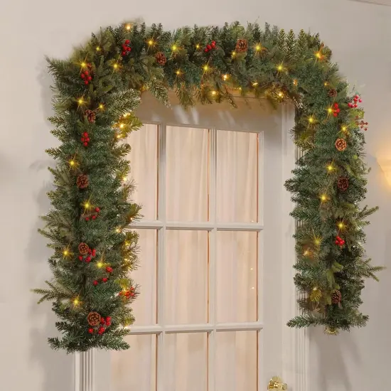 9 FT Christmas Garland with Lights,Battery Operated Lighted Garland,50 Warm White LED Lights {6}