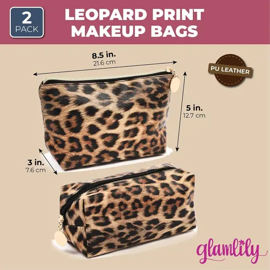 Small Leopard Print Faux Leather Makeup Bag (8 x 3 x 5 In, 2-Pack) Brown {2}