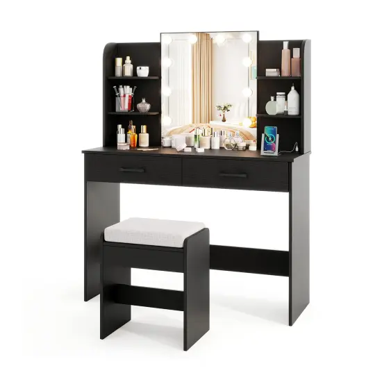 Vanity Set with Lighted Mirror and Stool for Easy Storage and Charging Black {3}