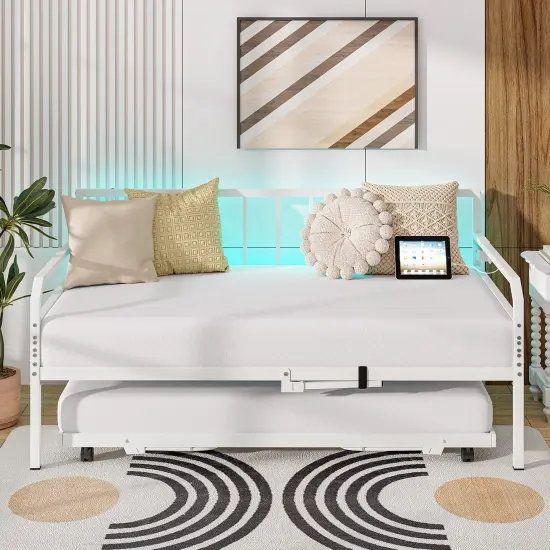 Adjustable Twin Daybed with Pop-Up Trundle, LED Lights and Power Strip White {2}