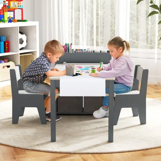 MDF and Metal Kids Art Table Set with Chairs, Storage and Paper Roll Gray {3}