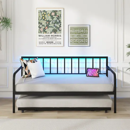 Black Metal Daybed with Pop-up Trundle, LED Lighting, Charging Station and USB Ports {2}