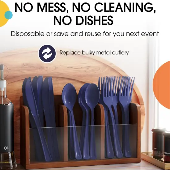 Exquisite Polished Plastic Silverware &ndash; 150 Pcs Heavy Duty Cutlery Set &ndash; 50 Each of Forks, Knives & Spoons &ndash; Disposable Utensil Set for Parties, Events & Catering &ndash; Flatware Set by Party Solids Navy {5}