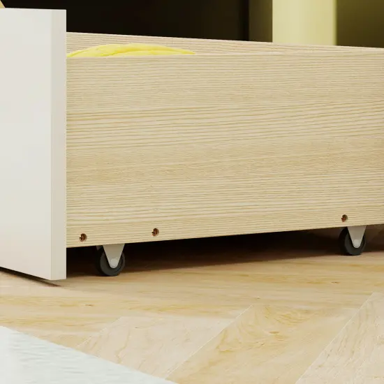 Twin Size Pine Wood House Bed with Storage Drawers, Guardrails and Shelves White {6}