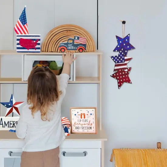 4th of July Hanging Door Sign Wooden Double Sided Patriotic Door Hanger Fourth of July Wall Decor Patriotic Stars USA Stars Porch Signs Independence Day Wall Hanging Memorial Day {4}