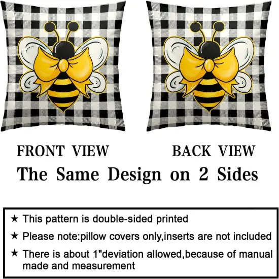 Yellow Bumble Bee Pillow Covers 18x18 Set of 2 Black White Buffalo Plaid Pillow Covers Summer Spring Themed Decorative Cushion Cases Home Decor for Couch Bed Holiday {5}