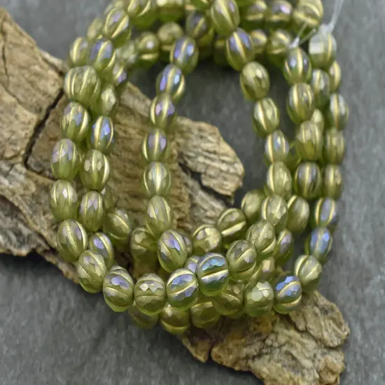 *25* 6mm Gold Washed Matte Peridot Luster Faceted Round Melon Beads {3}