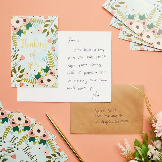 48 Pack Thinking of You Cards Bulk with Brown Envelopes, Gold Foil and Floral Design (4x6 in) Blue {3}