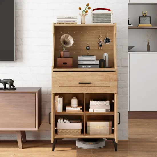 Coffee Bar Cabinet with Pegboard Storage Drawer and Adjustable Shelf-Oak {2}