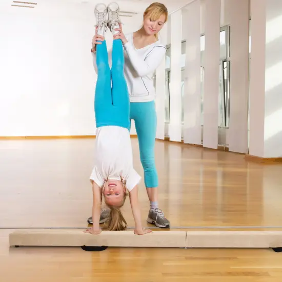 8 Feet Portable Folding Gymnastic Balance Beam with Solid Wood Base Ideal for Walkover or Cartwheel Beige {6}
