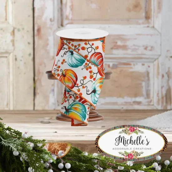 2.5" Pumpkins Bittersweet Ribbon: Ivory/Teal/Rust {2}