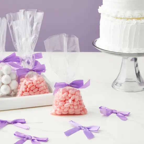 100 Pack Purple Twist Tie Bows for Treat Bags, 3" Small Satin Ribbons for Craft Decoration, Gift Wrap, Themed Party Favors, Baked Goods {3}