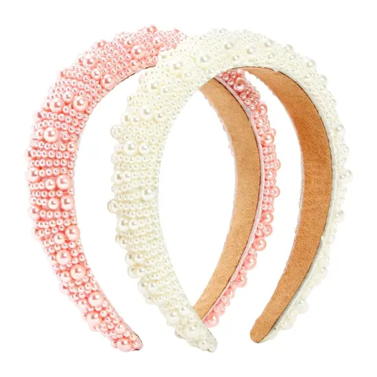 2 Pack Crystal Headbands for Women, Padded Pearl Headband (Light Pink, White) Multicolor {1}