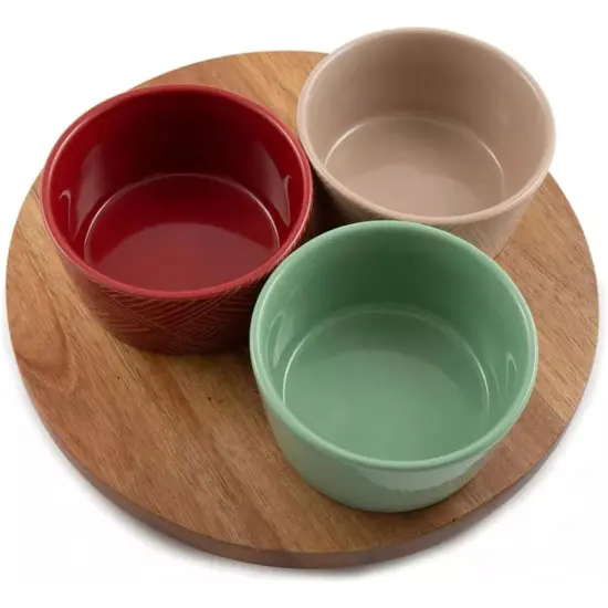 Thirstystone 12-Inch Acacia Wood Lazy Susan Turntable with 3 Ceramic Serving Bowls, Stylish Rotating Server for Condiments, Snacks, and Dips, Perfect for Holiday Dining and Entertaining {3}